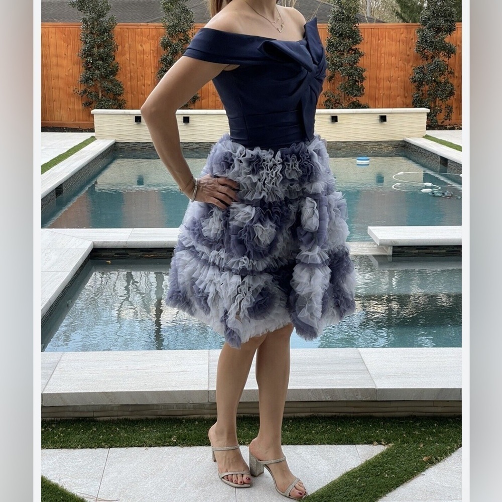Marchesa Notte Navy Blue Off Shoulder Mikado Mini Cocktail Dress size XS